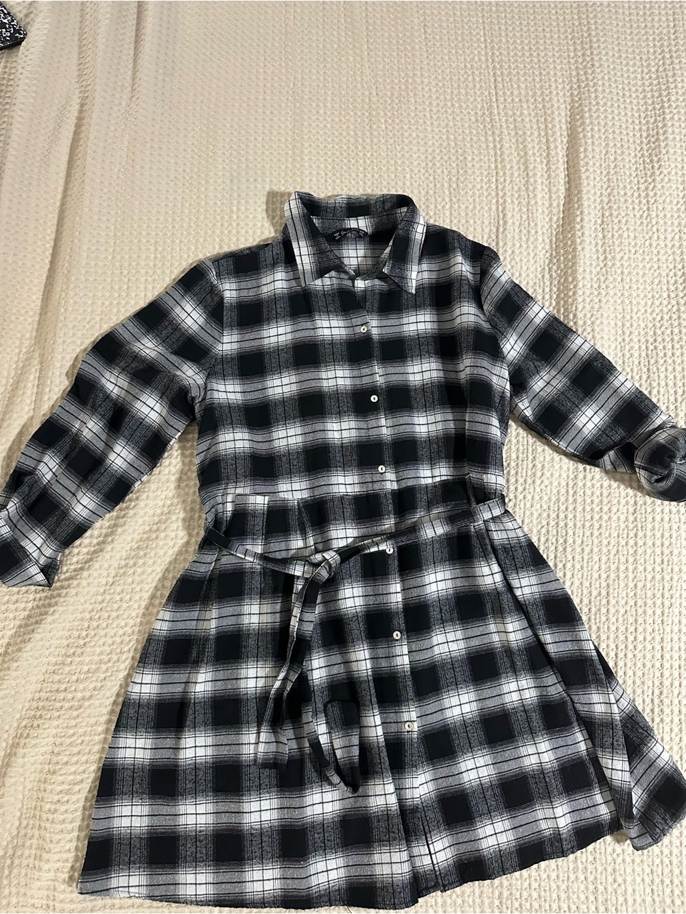 Black & White Plaid Shirt Dress with Tie Waist